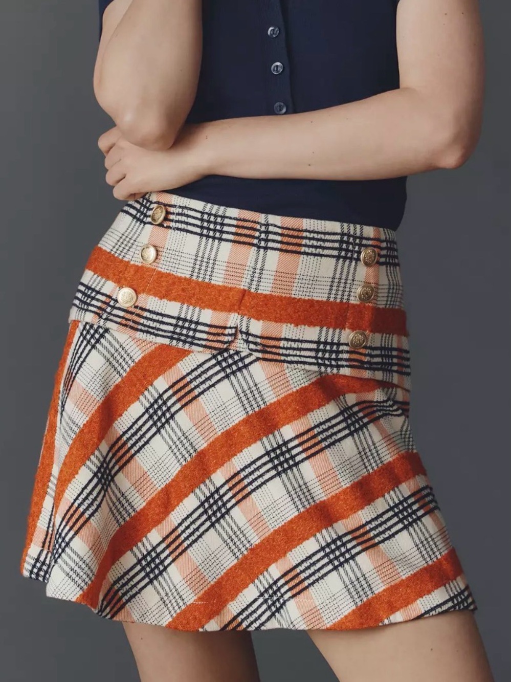 NWOT Anthropologie Maeve Plaid Mini Skirt Large Orange Cream Navy